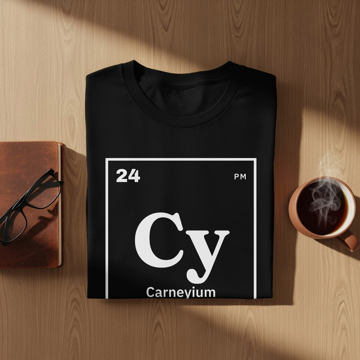 Black t-shirt with periodic table element "Cy" for Carneum, atomic number 24.
