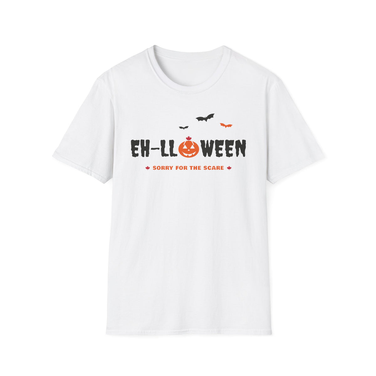 White t-shirt with "Eh-lloween" text, pumpkin, and bats.
