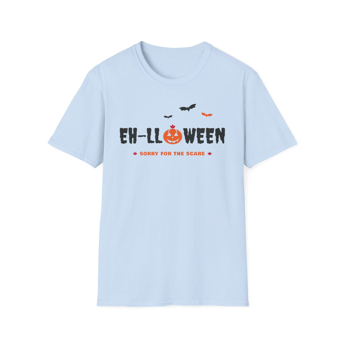 Light blue t-shirt with "Eh-lloween" and "Sorry for the scare" text.