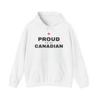 White hoodie with "Proud to be Canadian" text and a red maple leaf.