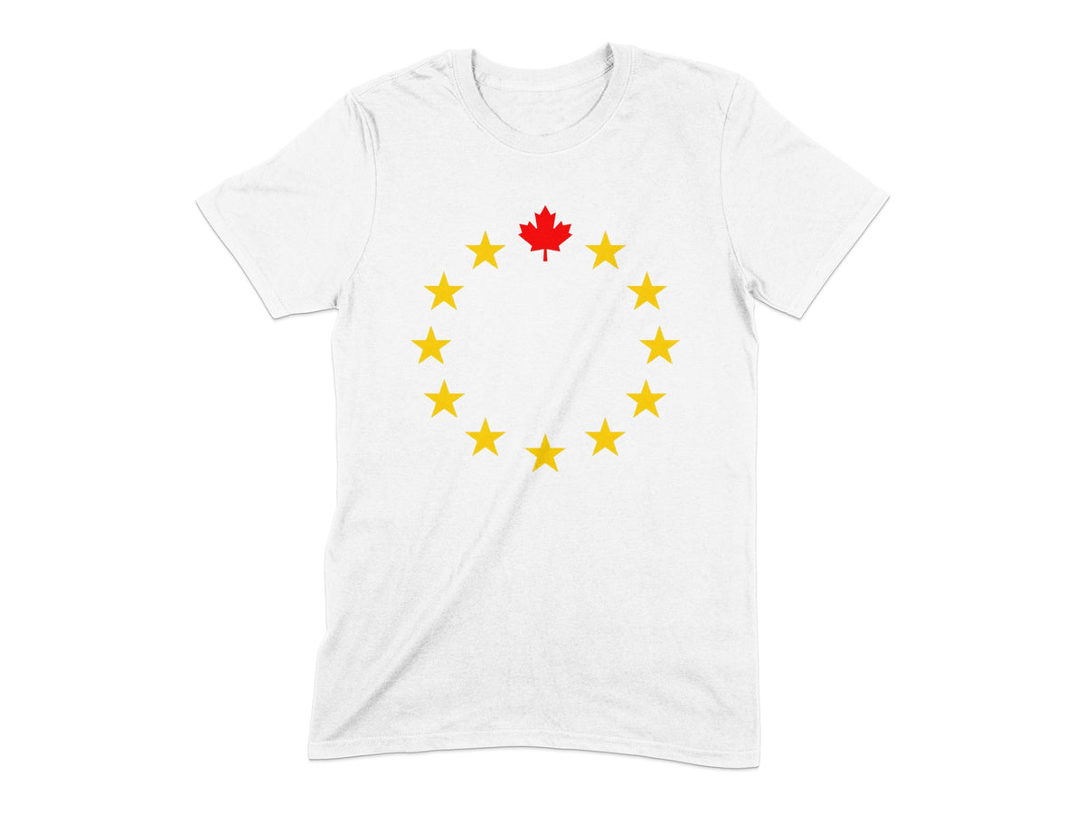 White t-shirt with a circle of yellow stars and a red maple leaf at the top.
