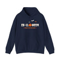 Navy blue hoodie with "EH-LLOWEEN" text and a pumpkin, plus bats.