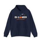 Navy blue hoodie with "EH-LLOWEEN" text and a pumpkin, plus bats.