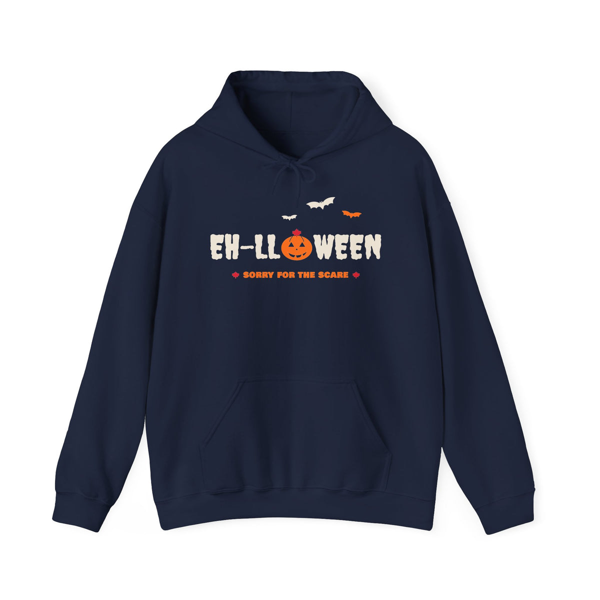 Navy blue hoodie with "EH-LLOWEEN" text and a pumpkin, plus bats.