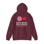 Maroon hoodie with wild rose, maple leaf, and text.