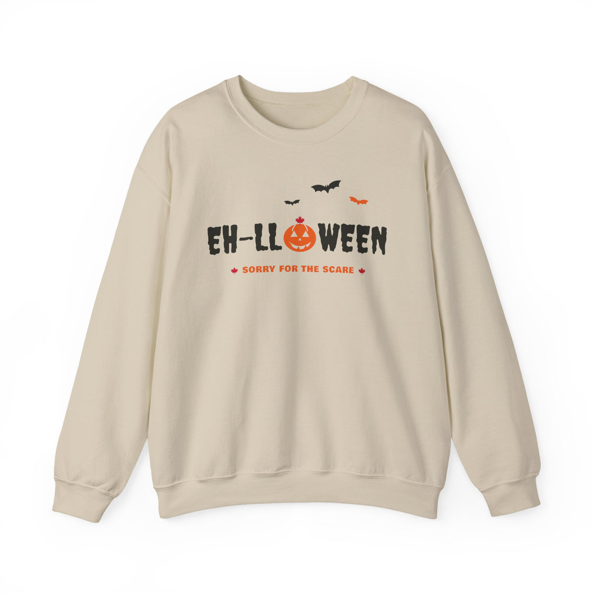 Light beige sweatshirt with "EH-LL*WEEN" graphic and "Sorry for the Scare" text.