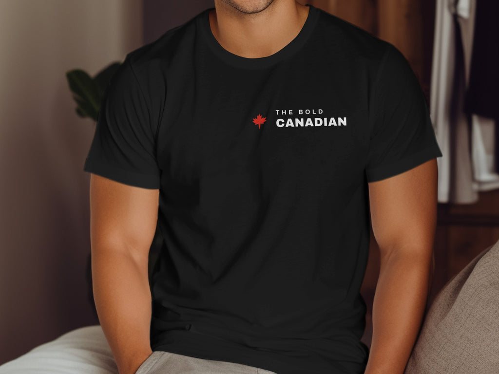 Black t-shirt with "The Bold Canadian" and maple leaf graphic on the left chest.