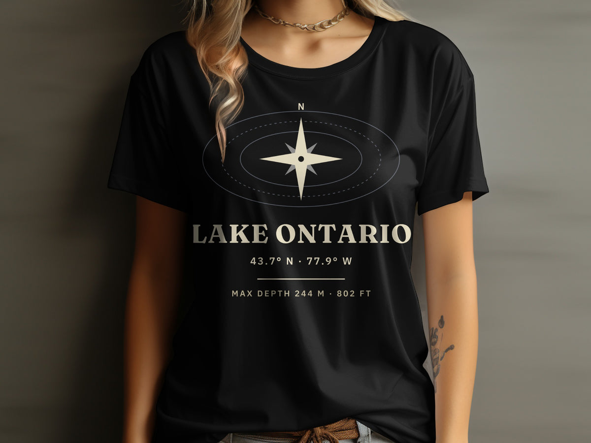 Black t-shirt with Lake Ontario coordinates, compass rose, and depth information.