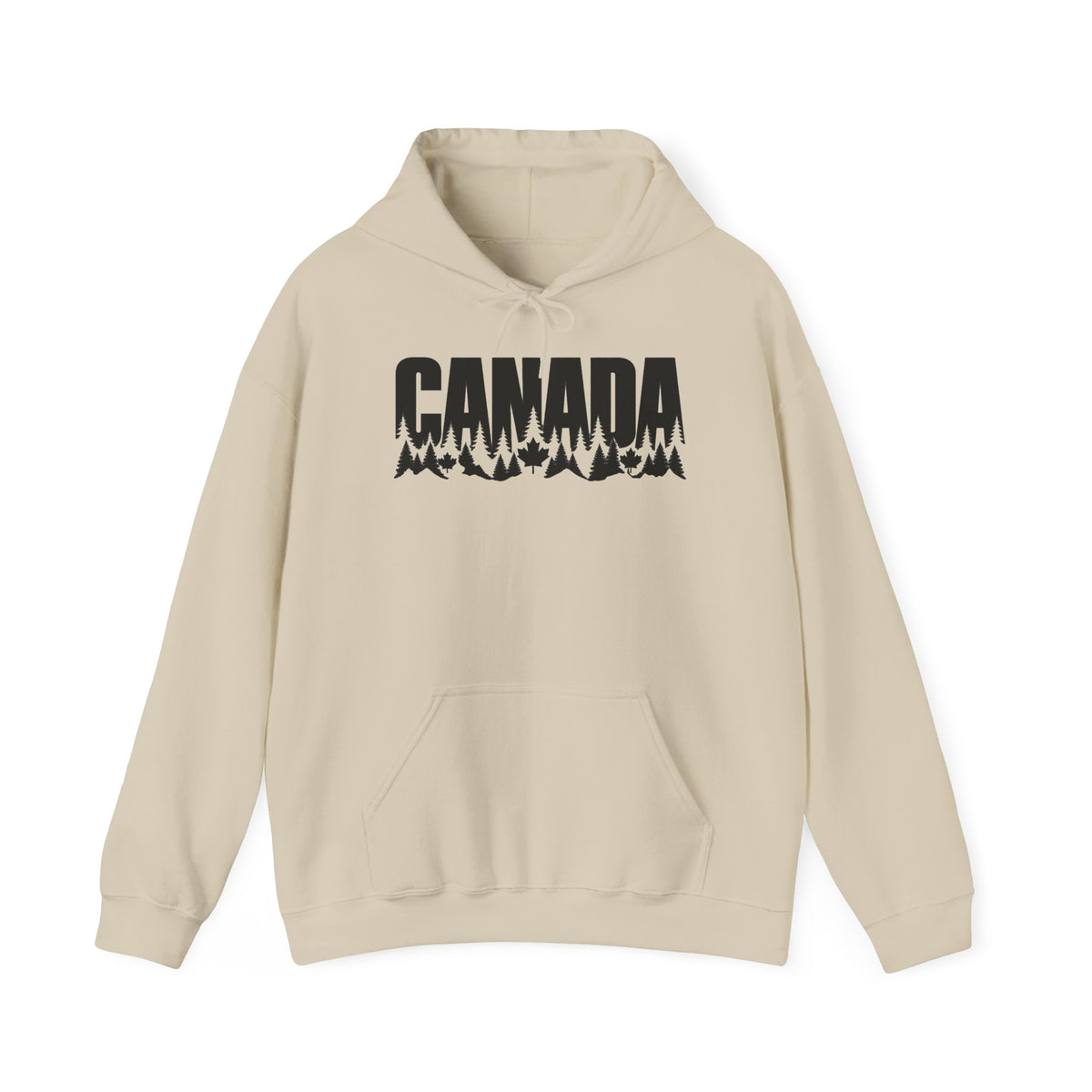 Beige hoodie with "CANADA" text featuring a forest and maple leaf design.