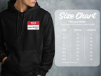 Black Gildan 18500 hoodie with red name tag, size chart.