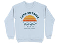 Light blue sweatshirt with "Lake Ontario Great Lakes Canada" text and sunset graphic.