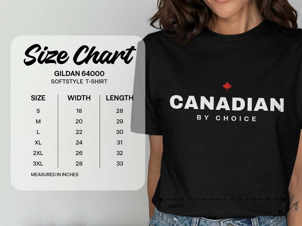 Gildan 64000 Softstyle t-shirt size chart showing width and length measurements in inches.