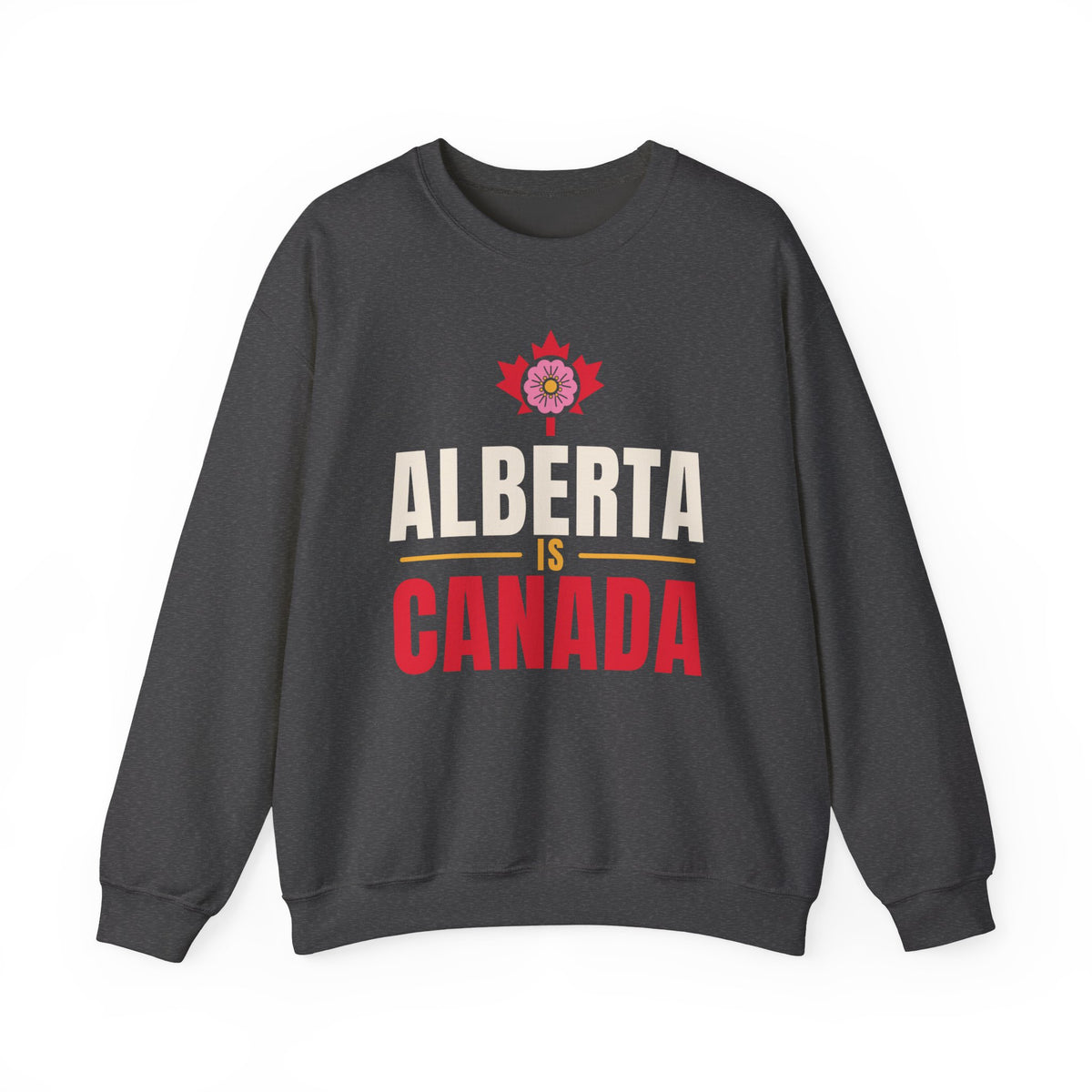 Dark grey sweatshirt with text "Alberta Is Canada" and a floral design.