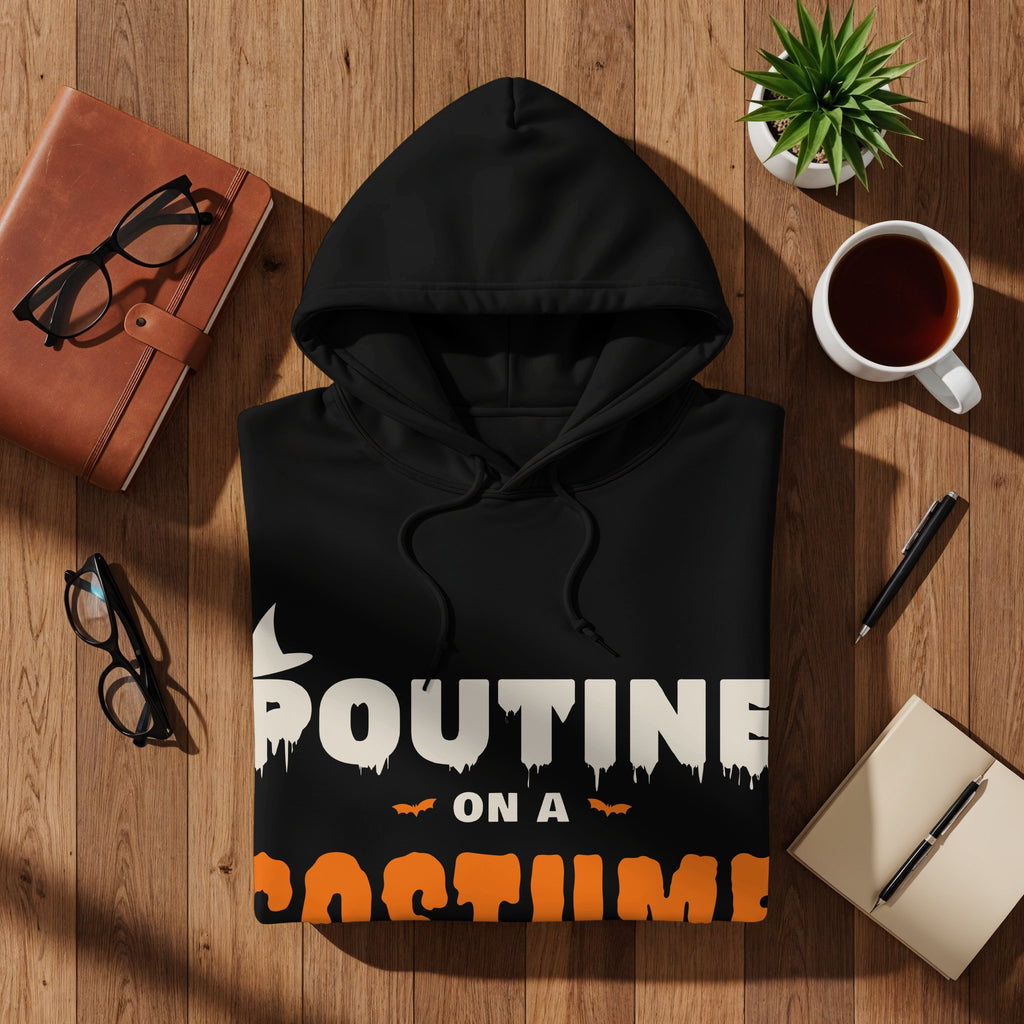 Black hoodie with "Poutine On A" and "SPOOKY SEASON" text.