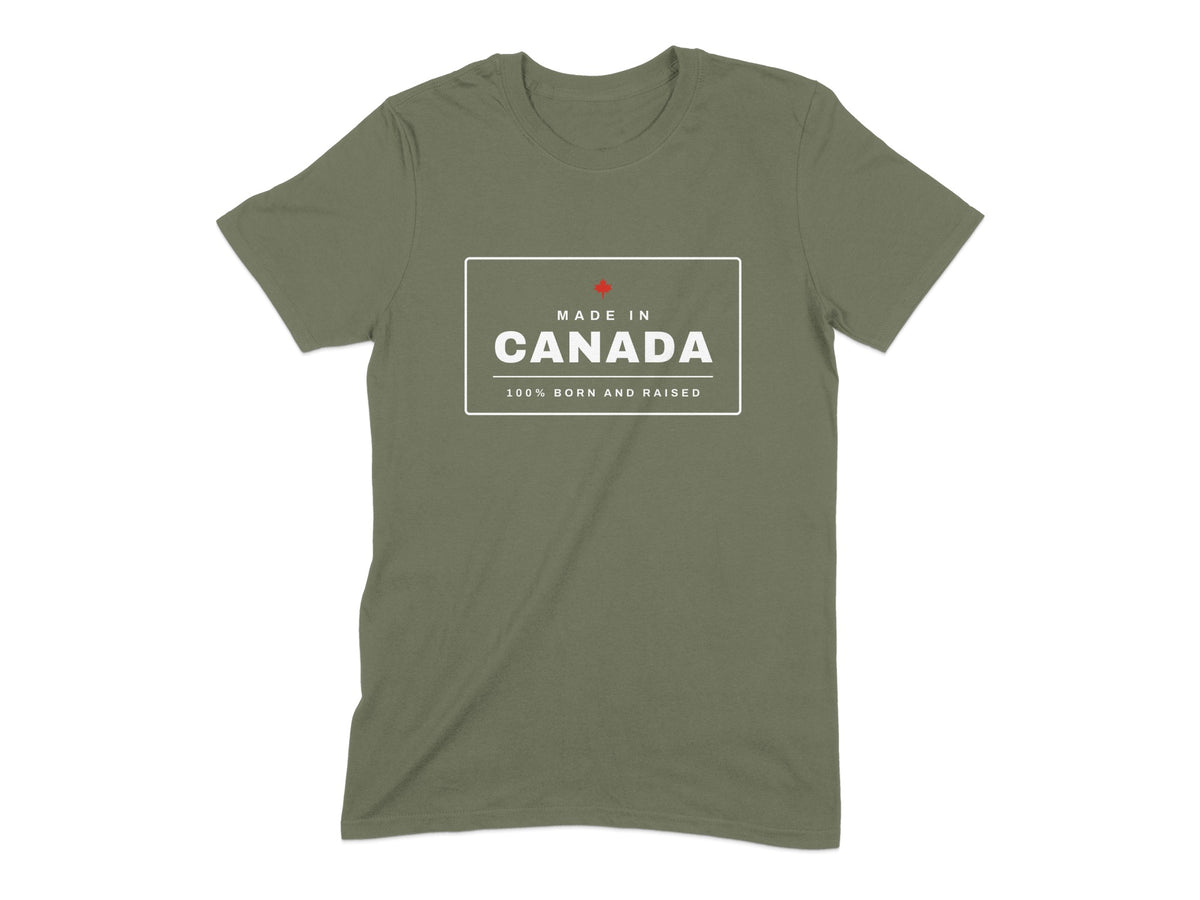 Olive t-shirt with "Made in Canada 100% Born and Raised" text and maple leaf.