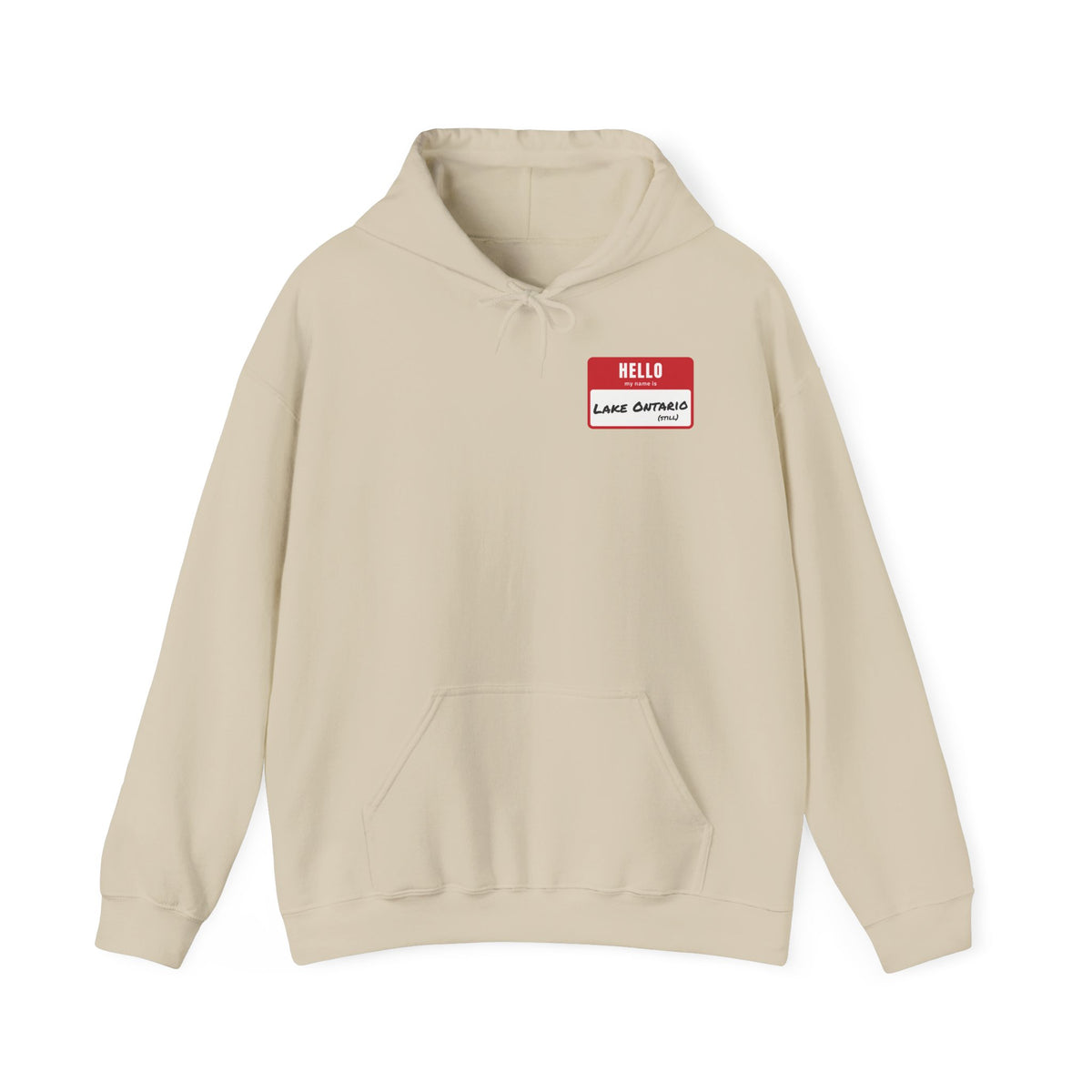 Beige hoodie with "Hello my name is Lake Ontario (Still)" name tag.