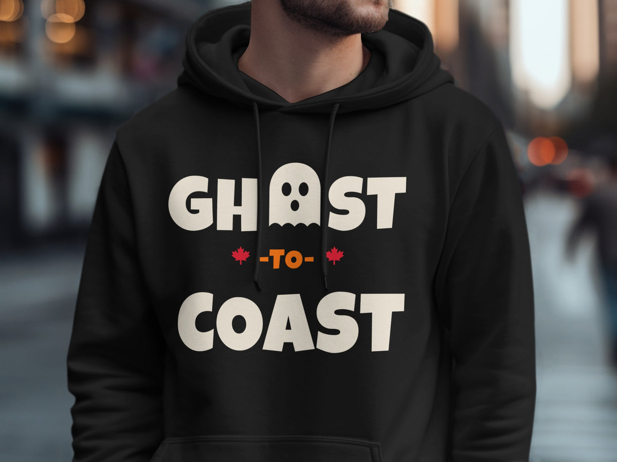 Black hoodie with white "GHOST-TO-COAST" text and a ghost graphic.