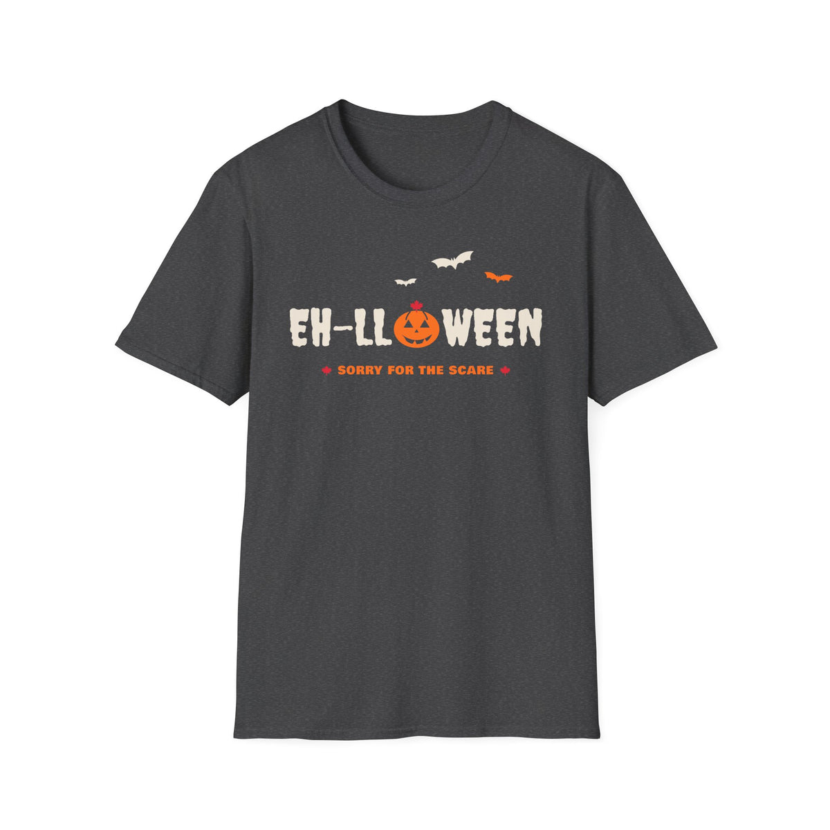Dark grey t-shirt with "EH-LLOWEEN" and "SORRY FOR THE SCARE" text.