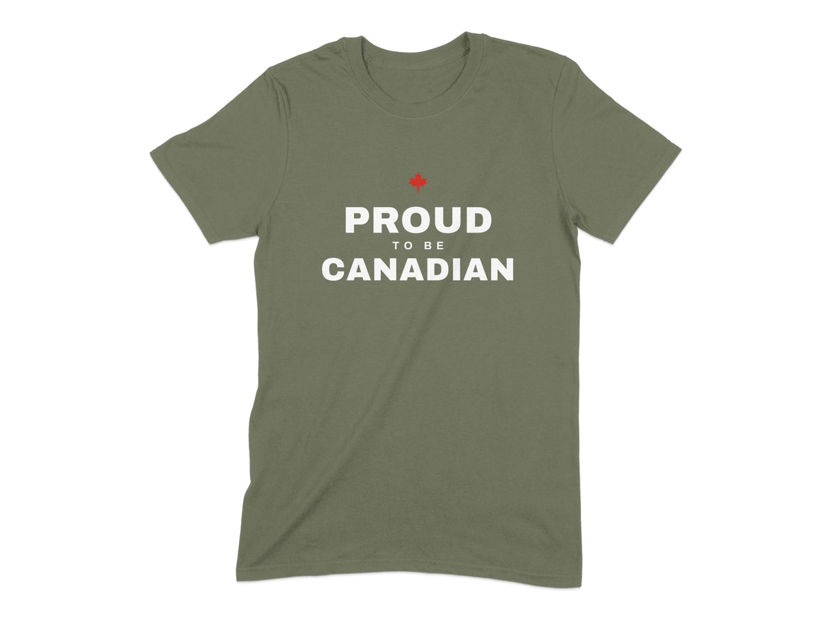 Green t-shirt with white text reading "PROUD TO BE CANADIAN" and a red maple leaf.