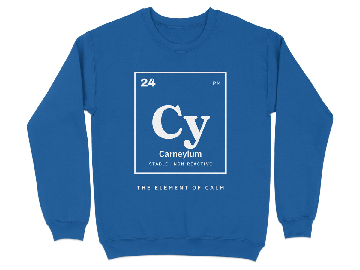 Blue sweatshirt with a white periodic table element design for "Carneyium".