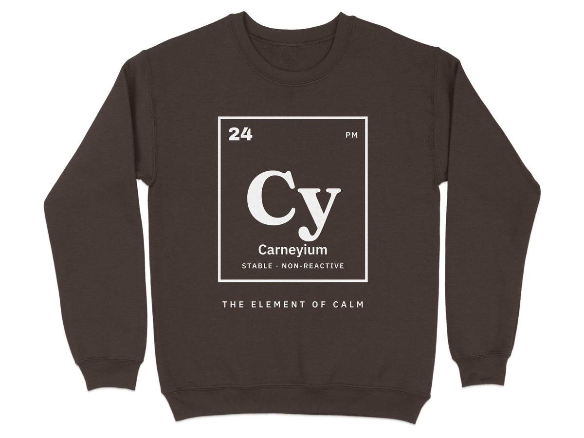 Brown sweatshirt with "Carneyium" periodic table element graphic and text.