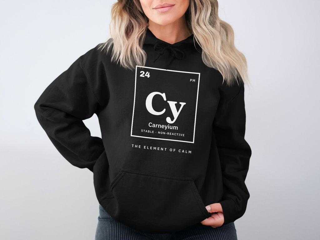 Black hoodie with a white periodic table element design for "Carneyium" and "The Element of Calm".