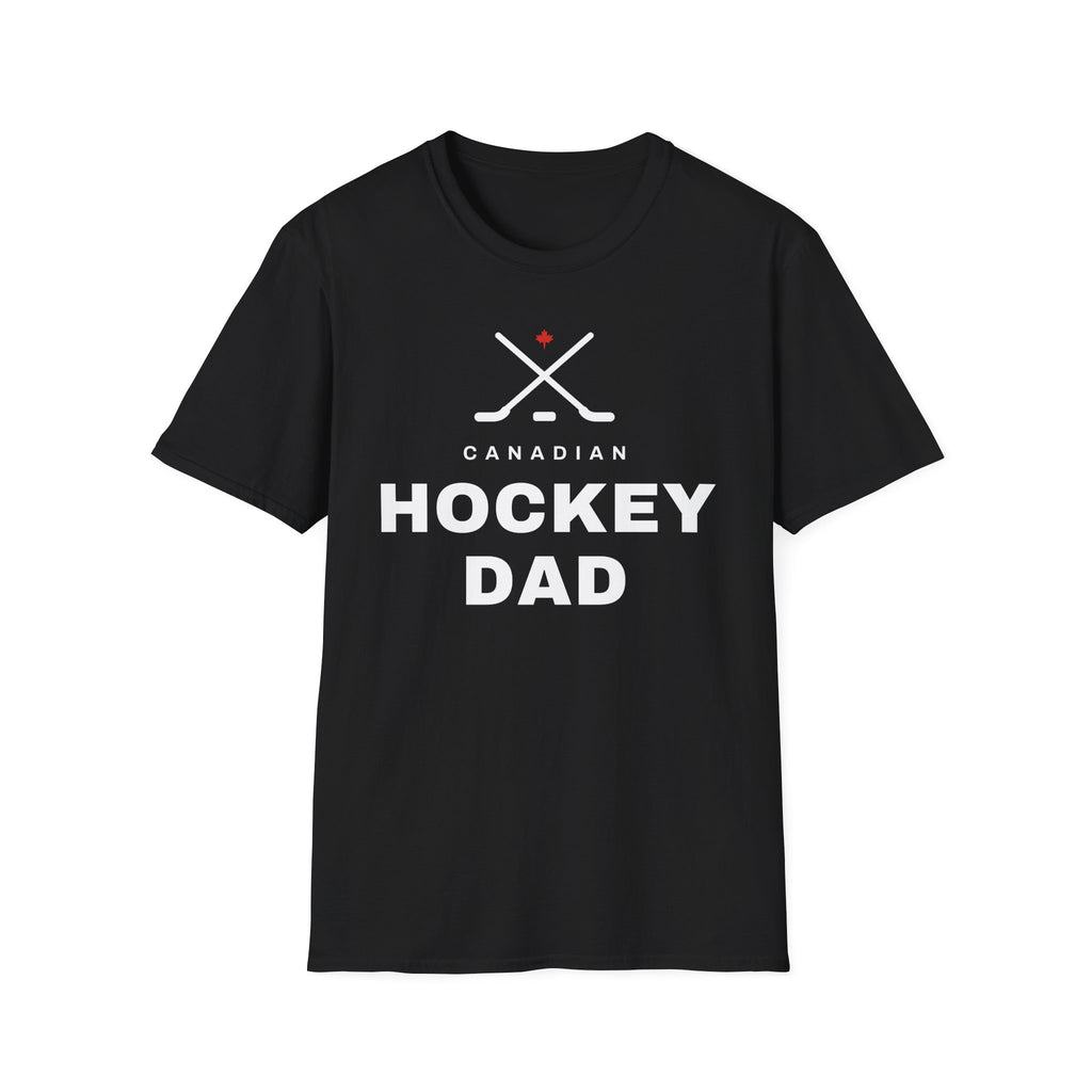 Black t-shirt with "CANADIAN HOCKEY DAD" and crossed hockey sticks graphic.