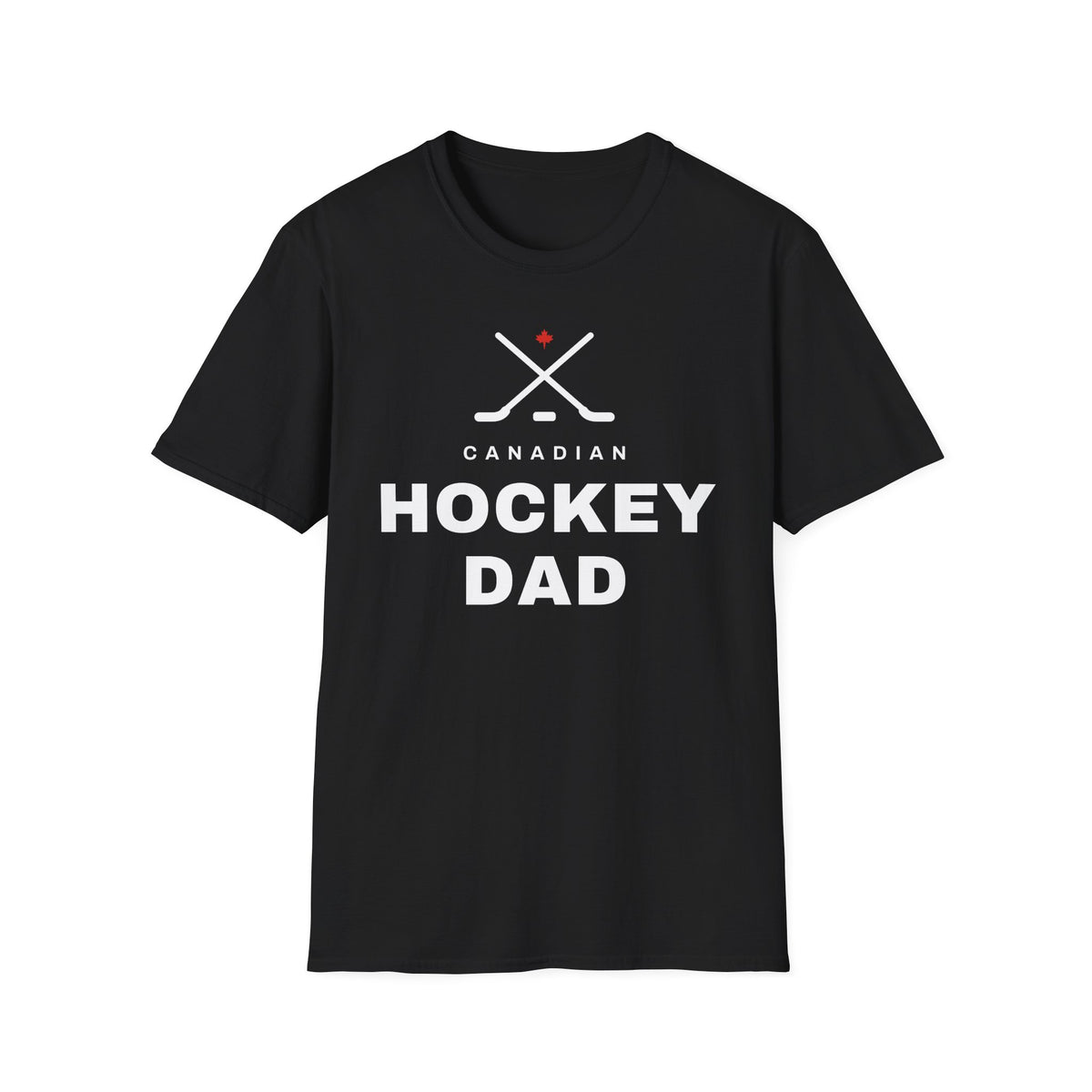 Black t-shirt with "CANADIAN HOCKEY DAD" and crossed hockey sticks graphic.
