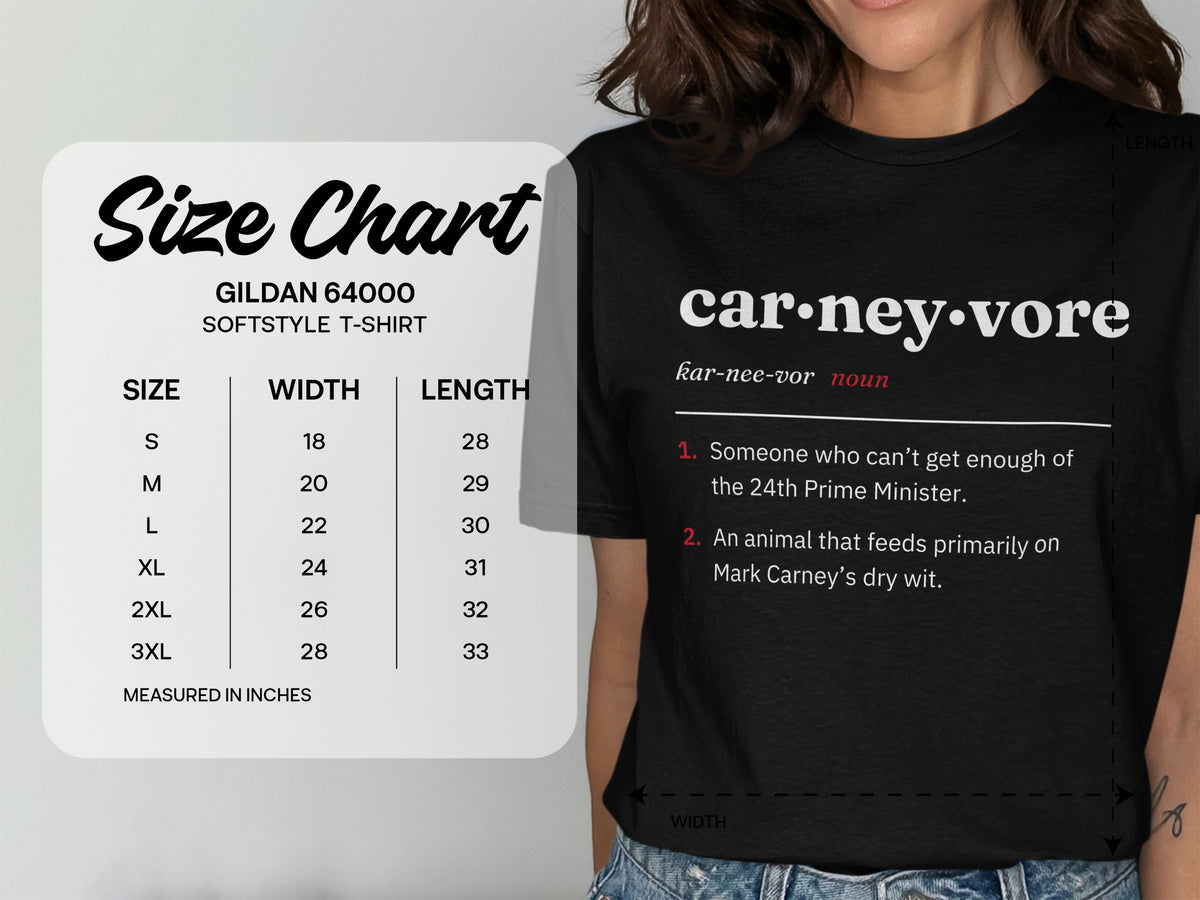 Gildan 64000 softstyle t-shirt size chart with width and length measurements in inches.