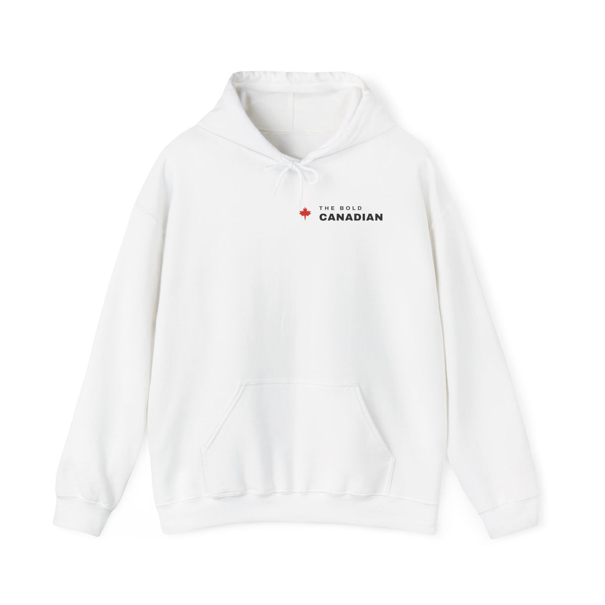 White hoodie with "The Bold Canadian" and a maple leaf logo.