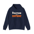 Navy blue hoodie with "Poutine on a Costume" Halloween-themed text.
