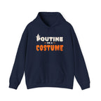 Navy blue hoodie with "Poutine on a Costume" Halloween-themed text.