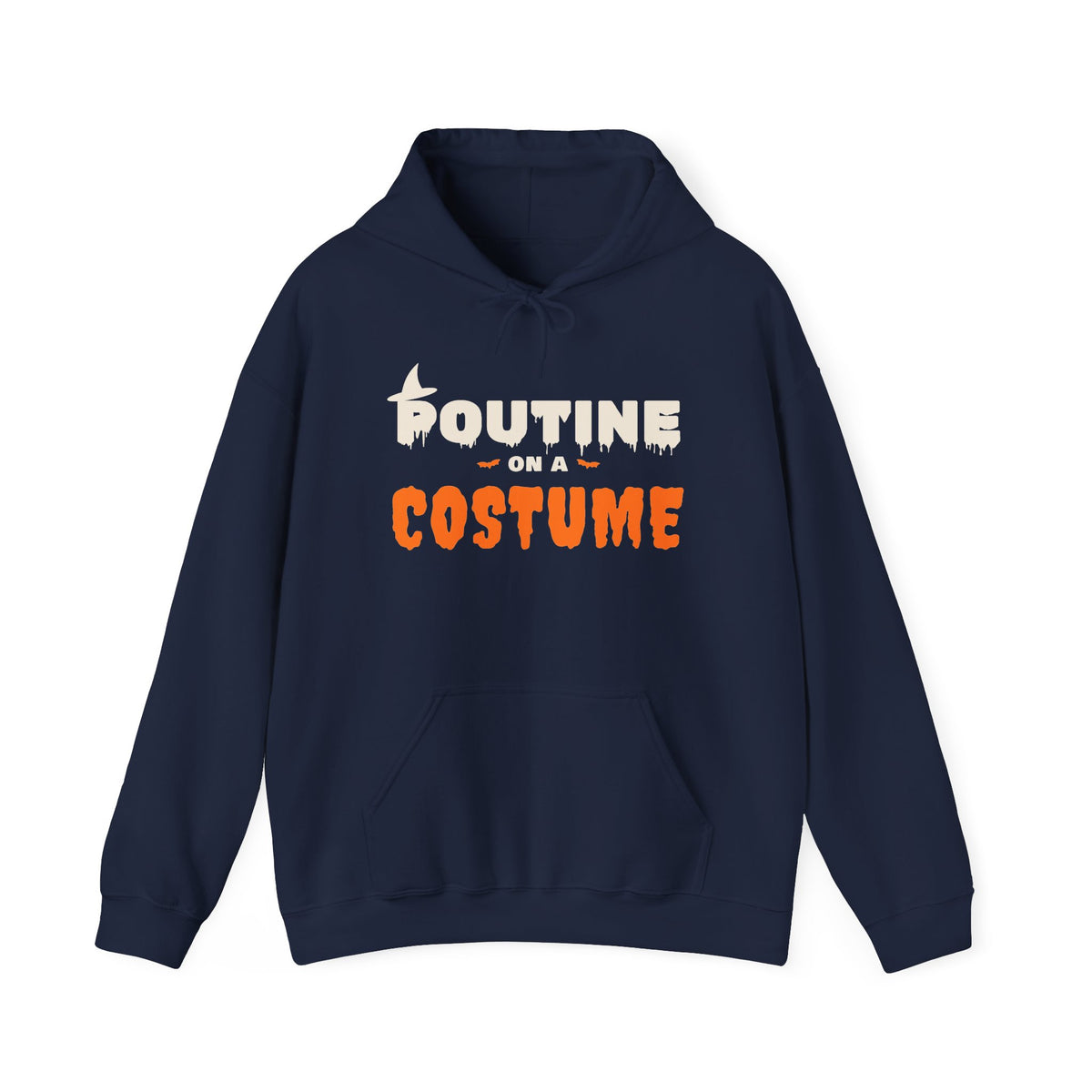 Navy blue hoodie with "Poutine on a Costume" Halloween-themed text.