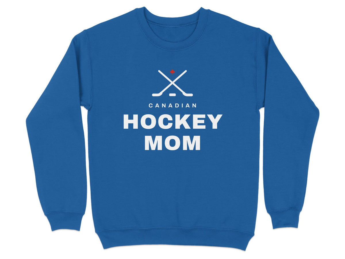 Blue sweatshirt with white text "CANADIAN HOCKEY MOM" and crossed hockey sticks.
