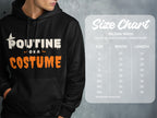 Black hoodie with "Poutine on a Costume" text and Gildan 18500 size chart.