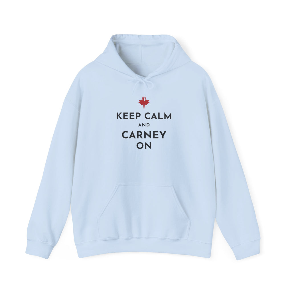 Light blue hoodie with "Keep Calm and Carney On" text and Canadian maple leaf.