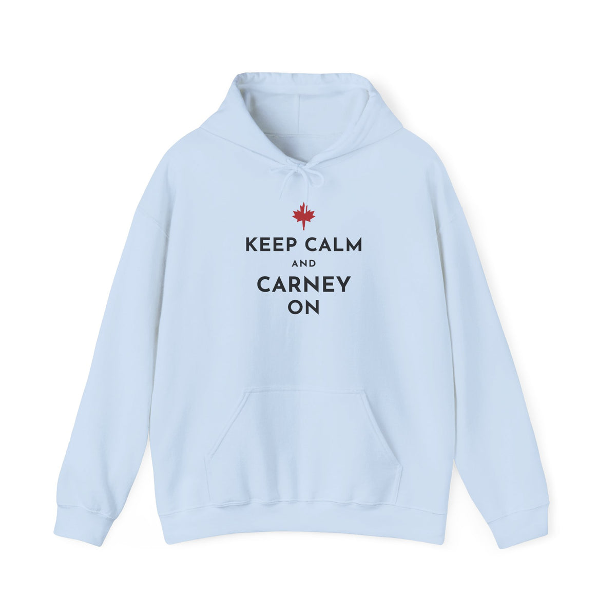 Light blue hoodie with "Keep Calm and Carney On" text and Canadian maple leaf.