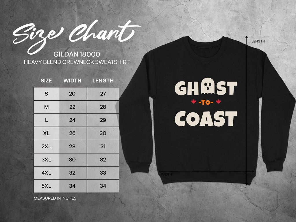 Gildan 18000 Heavy Blend crewneck sweatshirt size chart with chest width and length measurements.