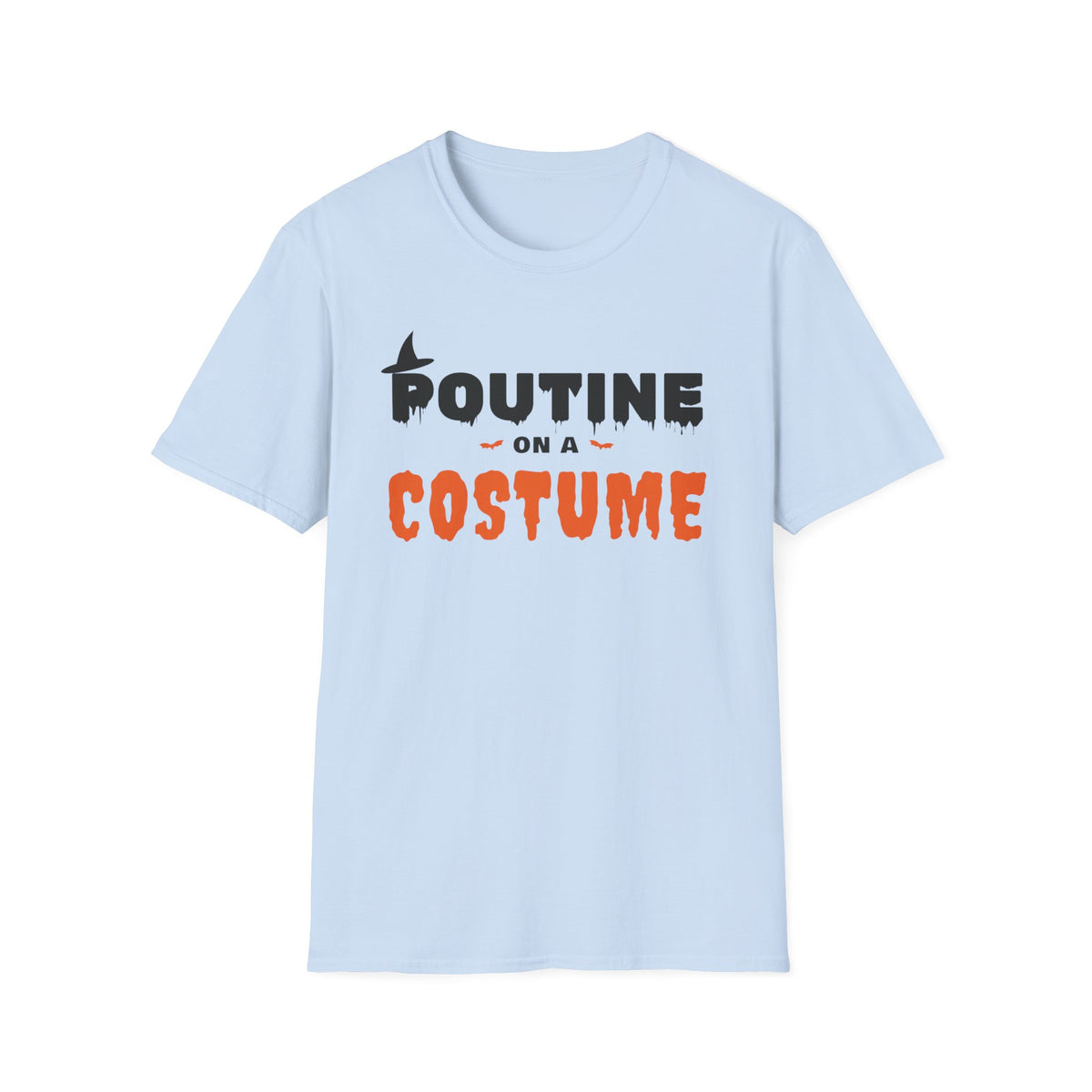 Light blue t-shirt with "POUTINE ON A COSTUME" Halloween graphic.