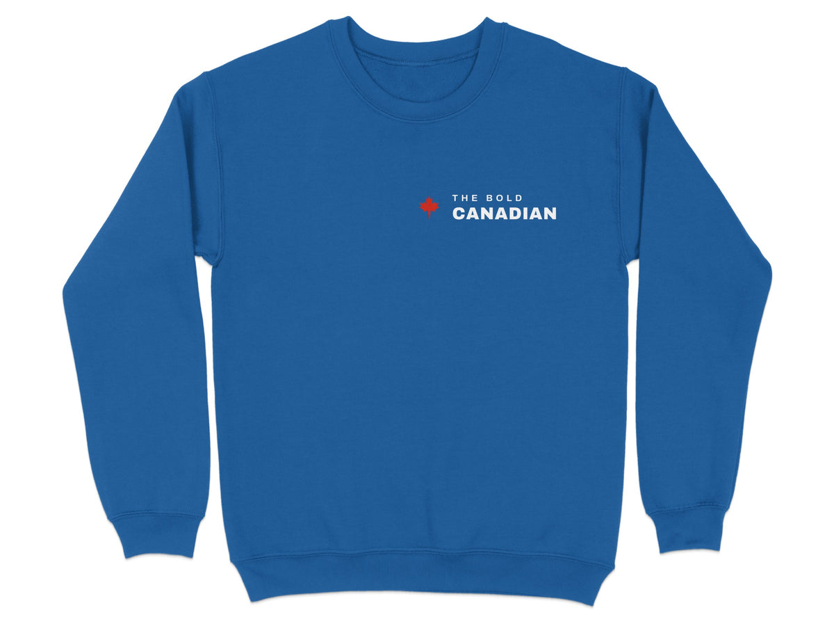 Blue sweatshirt with "THE BOLD CANADIAN" text and a red maple leaf.