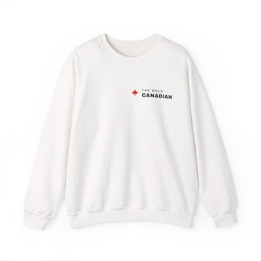 White crewneck sweatshirt with "The Bold Canadian" text and a maple leaf.