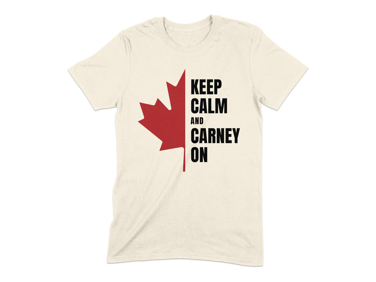 Cream t-shirt with red maple leaf and "Keep Calm and Carney On" text.
