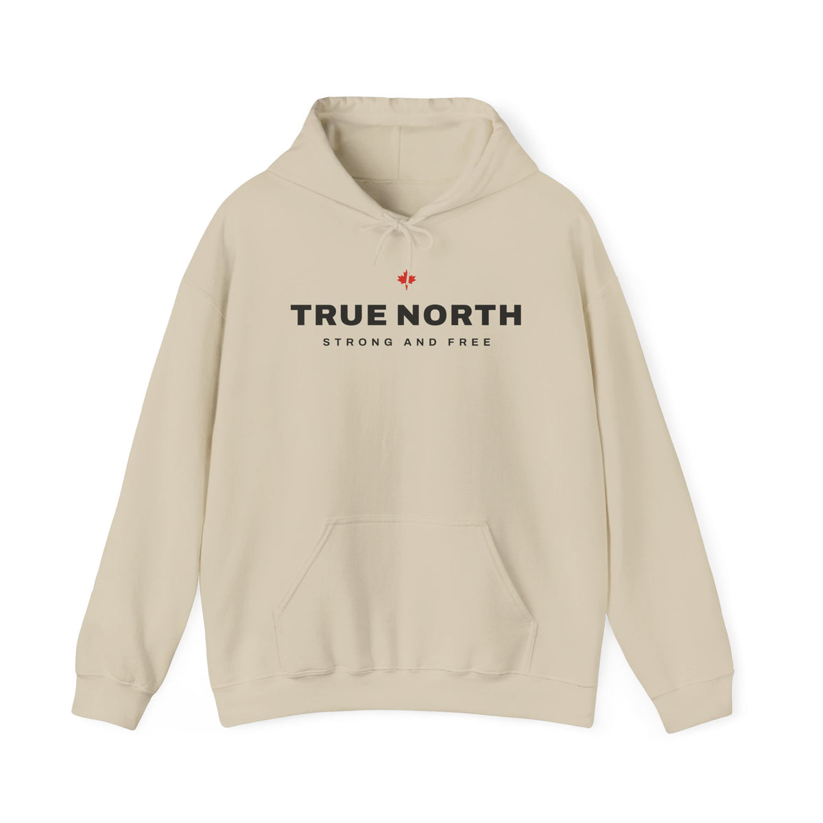 Beige hoodie with "TRUE NORTH" and Canadian maple leaf emblem.