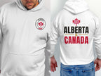 White hoodie with Alberta Canada graphic on front and back.
