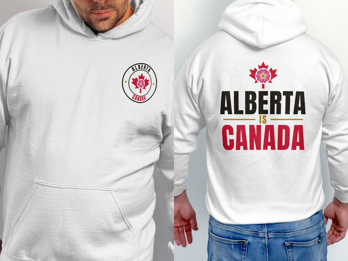 White hoodie with Alberta Canada graphic on front and back.