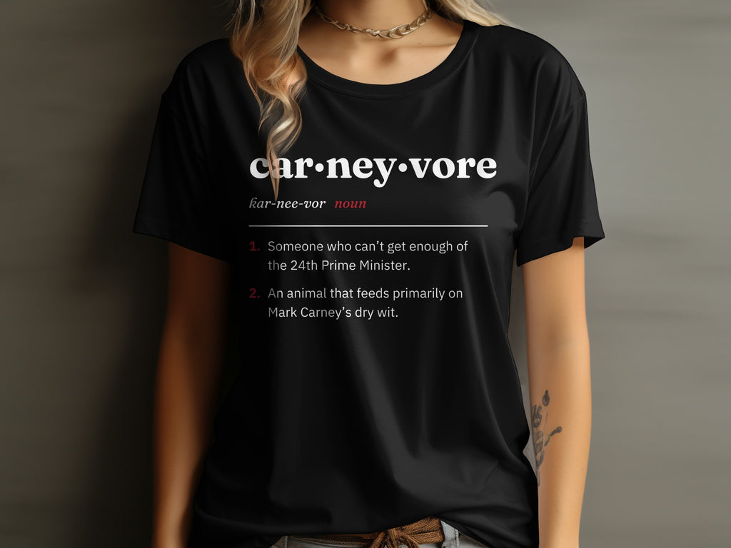 Black t-shirt with dictionary definition of "carneyvore" in white text.