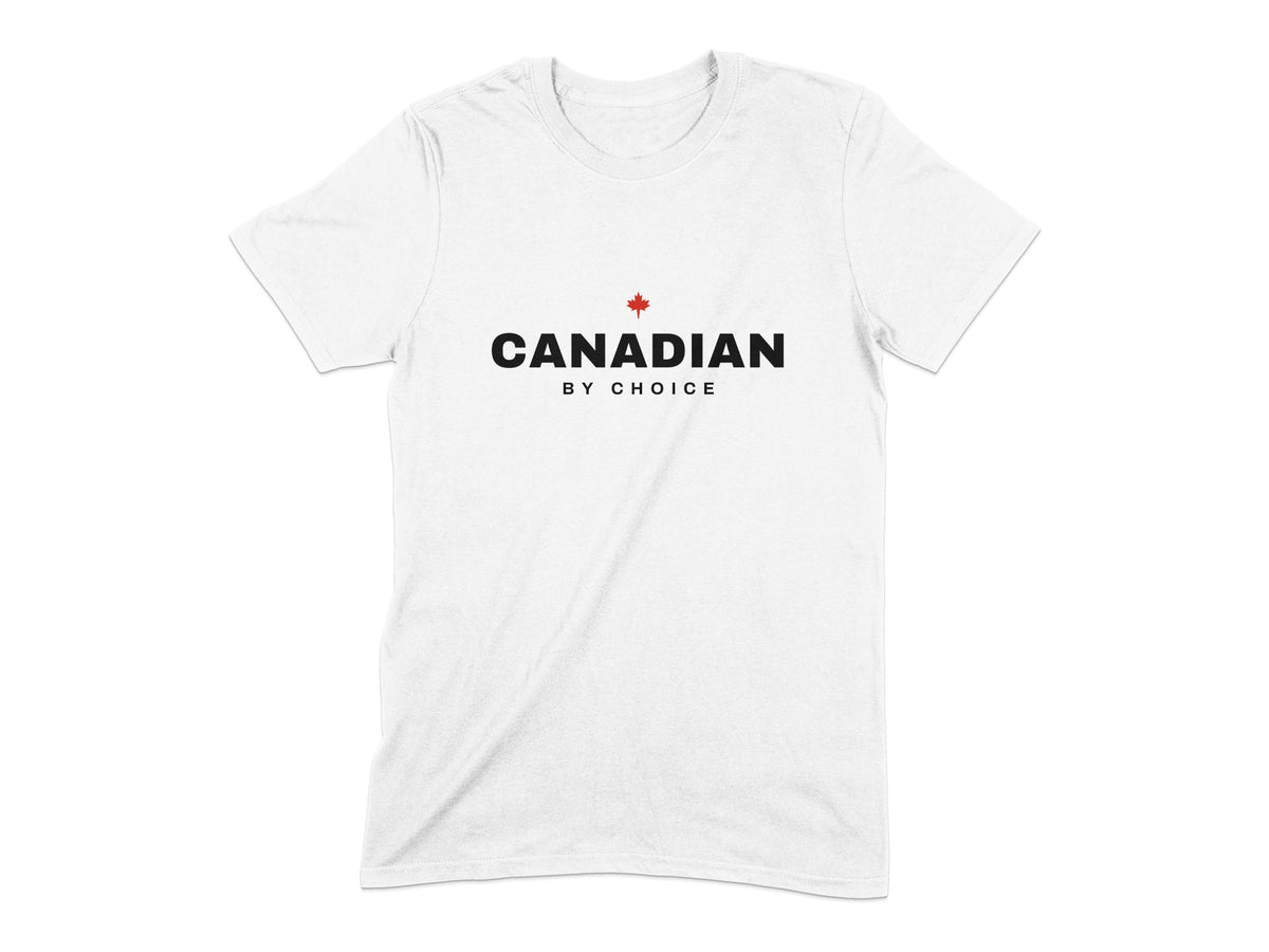 White t-shirt with "CANADIAN BY CHOICE" and a red maple leaf.
