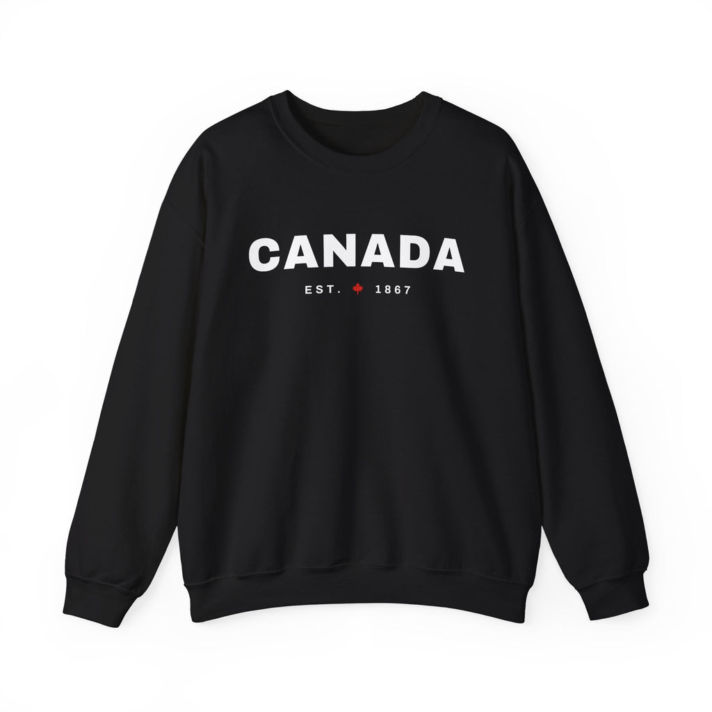 Black sweatshirt with "CANADA EST. 1867" and a red maple leaf.