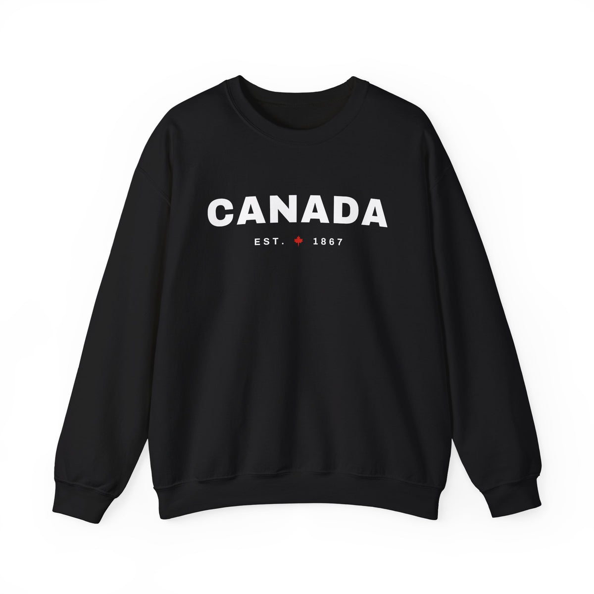 Black sweatshirt with "CANADA EST. 1867" and a red maple leaf.