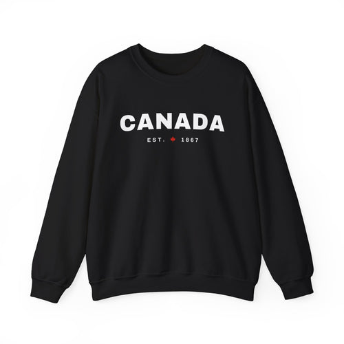 Black sweatshirt with "CANADA EST. 1867" and a red maple leaf.